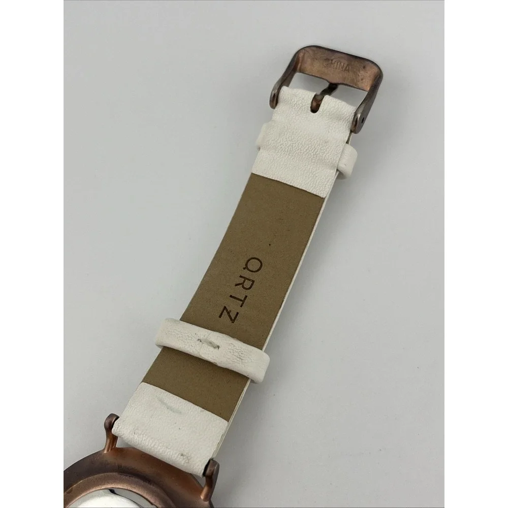 QRTZ Watch Women 36mm Brone Case White Faux Leather Band- New Battery